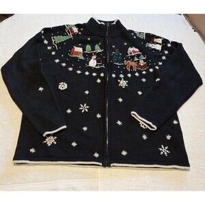 Erika Vintage Christmas Zip-up  Women Med Grandma Vibe Y2K Ulgy Sweater Blue